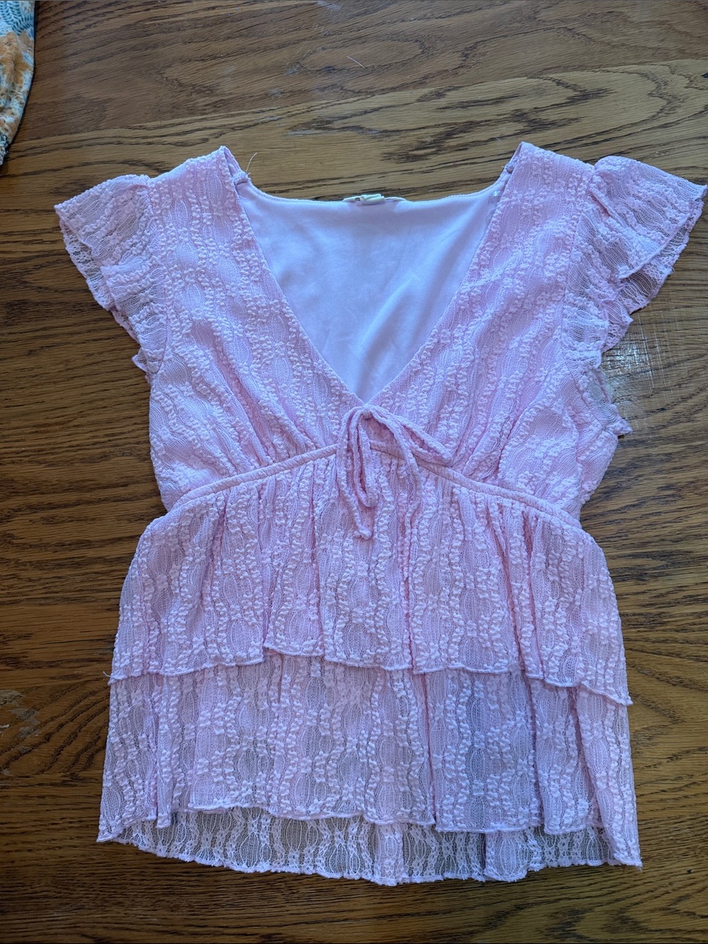 Aeropostale Light Pink Lace Tie-Front Ruffled Blouse